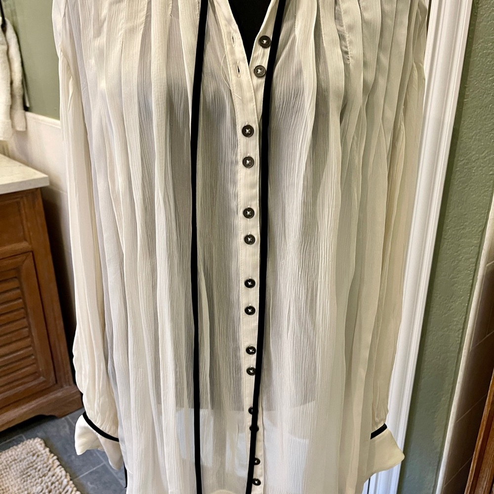 Free People Sheer White Blouse with Black Trim